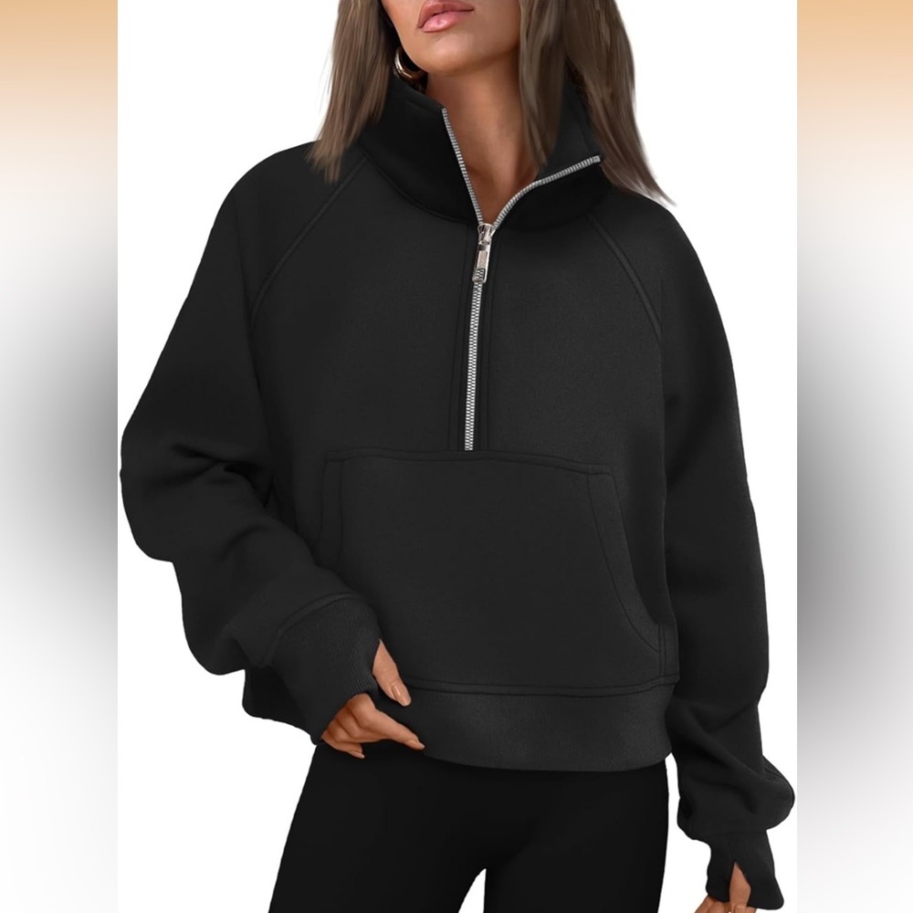 Automet Black Quarter Zip Cropped Pullover Hoodie XS Fleece Lined